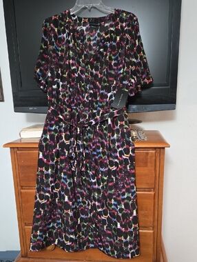 Ryan WYTHE Black Multicolor Midi Wrap Dress with Self-Tie Waist